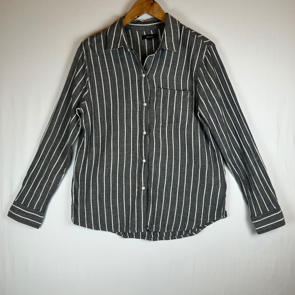 Quince Organic Cotton Gauze Long Sleeve Striped Shirt Faded Black White Small